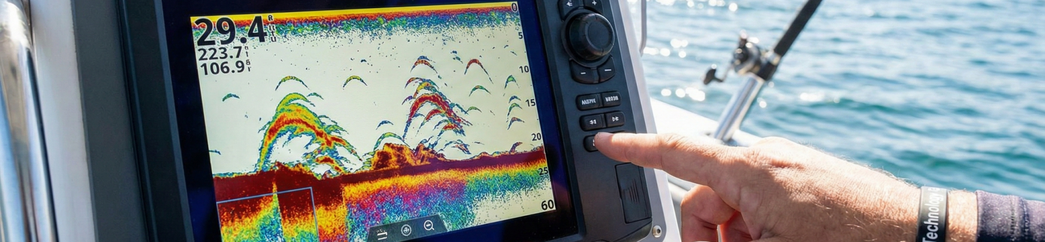 Marine fish finder displaying sonar information on the water
