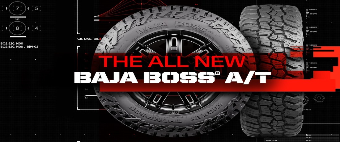 Get the bold look and extreme off-road traction your ride deserves with Mickey Thompson’s Baja Boss® A/T Tires. The new Baja Boss A/T tires deliver undisputed on-road handling, performance and treadwear while also dominating in the mud, thanks to its asymmetric tread design. It's Mickey Thompson's best A/T to date - aggressive looks, low noise, long-lasting tread life, smooth ride, and severe weather rated. Stop in and let us help prepare you for the road ahead with a set of Mickey Thompson Boss A/T Tires.