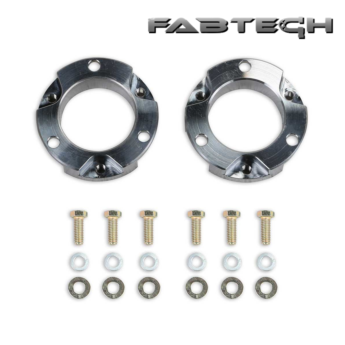 Lift your Ford Bronco and clear larger tires with Fabtech’s 1.5" 4WD Leveling Kit. This 1.5" Leveling Kit from Fabtech features CNC machined aluminum front billet spacers that work in conjunction with the factory Coilover shock assemblies and are designed to bolt in without the disassembly of the factory shocks for a fast installation. Fabtech engineers have established that the design of these billet spacers are at the maximum height without creating ball joint or tie rod bind when the suspension is cycling throughout the entire range of travel. The spacers are installed on top of the coilover allowing this lift to retain the Bronco’s compliant smooth ride with additional front lift to help level and provide clearance for a larger tire. Stop in and ask us about leveling your Bronco with the 1.5” Leveling Kit from Fabtech.