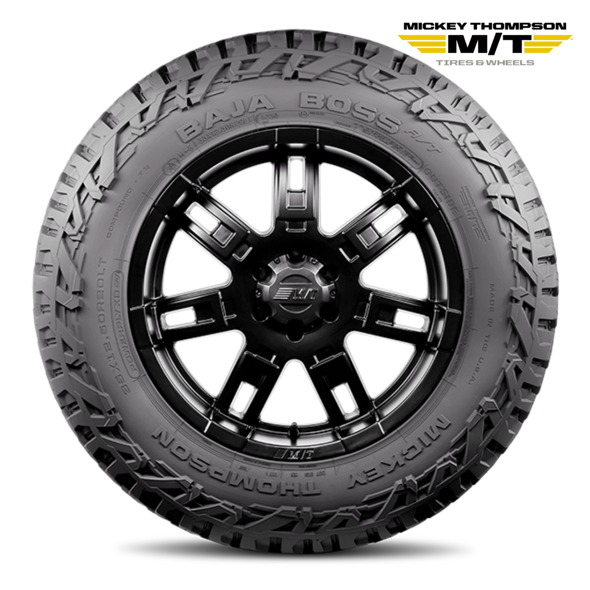 Never let weather slow you down with Mickey Thompson’s Baja Boss A/T Tires. Mickey Thompson’s Baja Boss A/T tires deliver undisputed on-road handling, performance, and tread life while also dominating in the mud. Featuring aggressive looks, low noise, long-lasting tread, smooth ride, and severe weather rating,these are Mickey Thompson's best A/Ts to date. The asymmetrical tread pattern is optimized for reduced noise, all-weather performance, off-road traction, and on-road handling. Extreme Sidebiters give them a bold look, extreme off-road traction, and additional protection. The Powerply XD adds 50% heavier denier cord to the angled third ply providing better puncture resistance, quicker steering response, and greater stability (LT-Sizes Only). The tires are also Severe Snow Service Rated with the 3PMS Symbol and all sizes 12.50 (315) and narrower are severe snow rated. Stop in and prepare for any weather conditions with Mickey Thompson’s Baja Boss A/T Tires.
