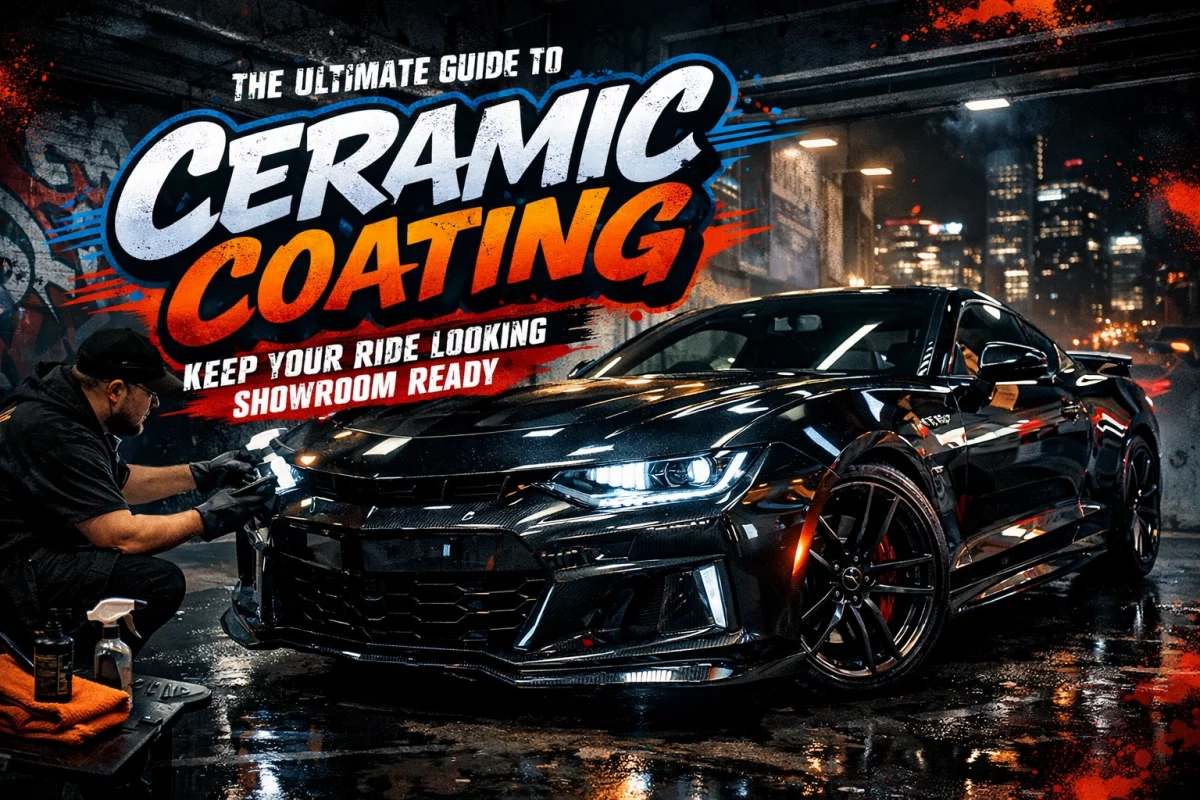 Black sports car being detailed for a ceramic coating job in a gritty garage, with bold promotional text on the left reading 'Ceramic Coating'.