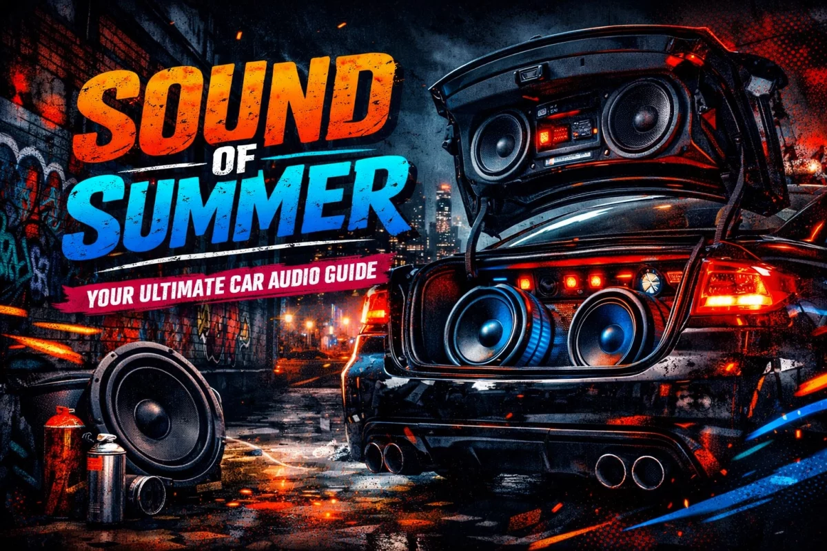 Car trunk open with huge speakers, neon city backdrop, and bold text reading 'SOUND OF SUMMER' with 'YOUR ULTIMATE CAR AUDIO GUIDE'