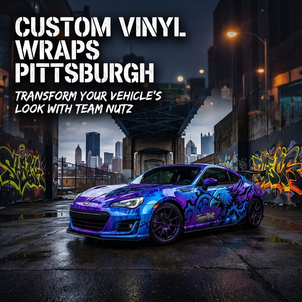Colorful graffiti-wrapped sports car in an urban alley with a city skyline, advertising Pittsburgh vinyl wraps.