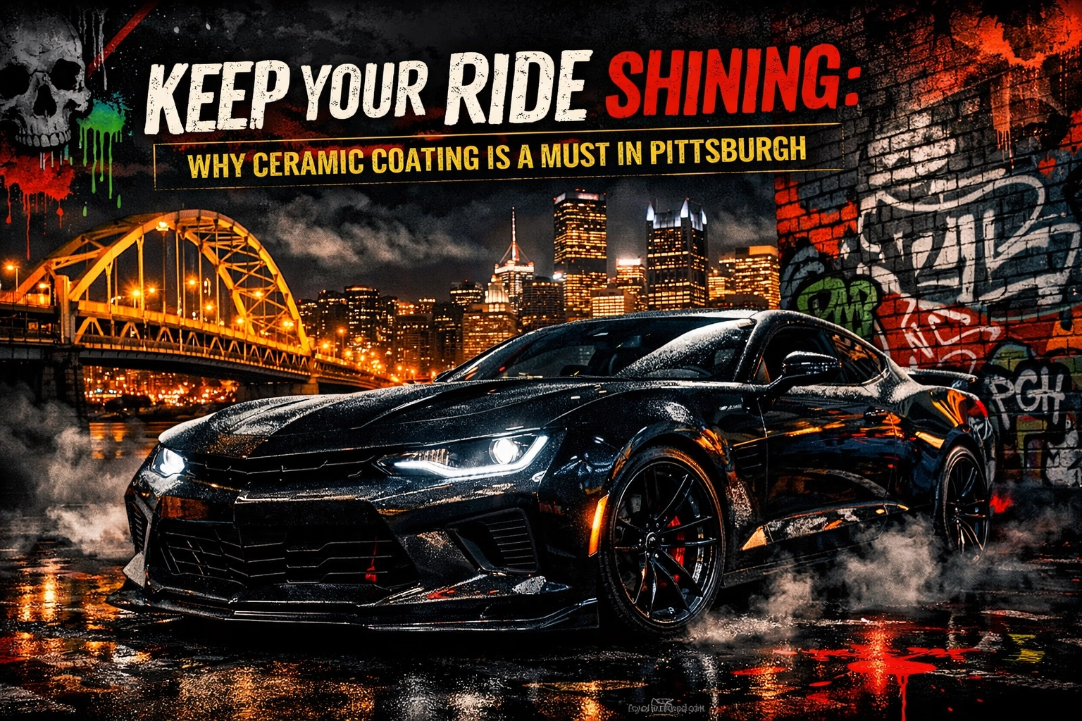 Advertising banner for ceramic coating with a shiny black sports car, graffiti wall, and Pittsburgh skyline at night close by a wet street.