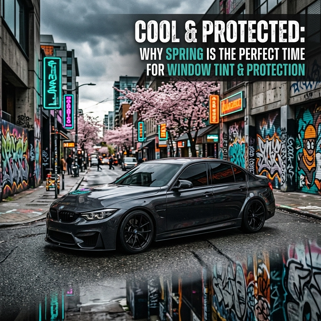 Banner text reading 'COOL & PROTECTED: WHY SPRING IS THE PERFECT TIME FOR WINDOW TINT & PROTECTION' over a dark BMW parked on a graffiti-covered street with pink blossoms