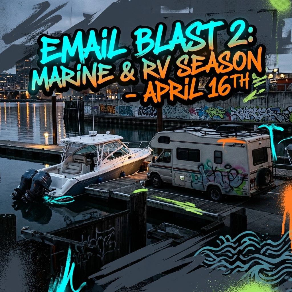Graffiti-covered marina with a boat and a camper on a dock at dusk; promotional text reads 'Email Blast 2: Marine & RV Season — April 16'