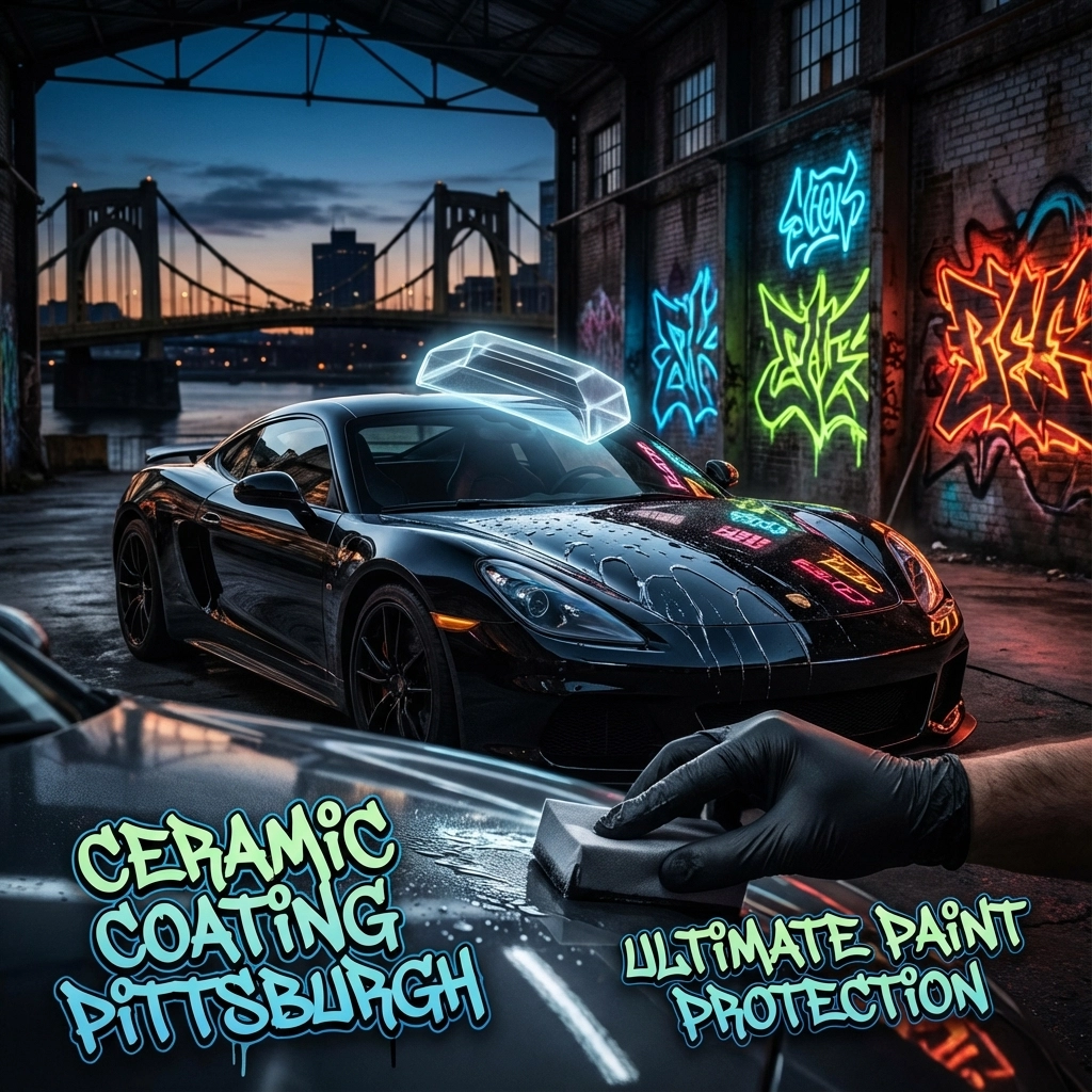 Black sports car under neon graffiti in a gritty urban alley at dusk, while a gloved hand polishes the hood; text reads 'Ceramic Coating Pittsburgh' and 'Ultimate Paint Protection' (promotional image).
