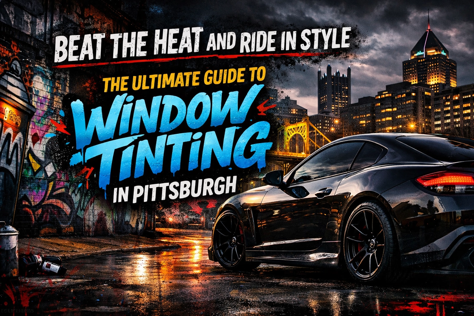 Promotional banner for window tinting in Pittsburgh featuring a black sports car, graffiti wall, and city skyline.
