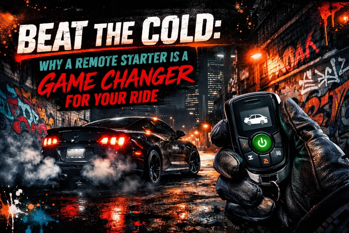 Promotional image: black sports car on a wet city street at night, a gloved hand holds a remote starter with a green power button in the foreground, graffiti walls in the background.