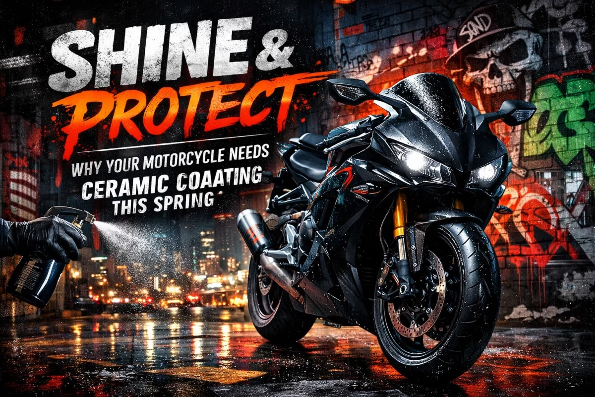 Black sport motorcycle in a rain-soaked urban alley, being sprayed with ceramic coating as a graffiti backdrop highlights the Shine & Protect headline.
