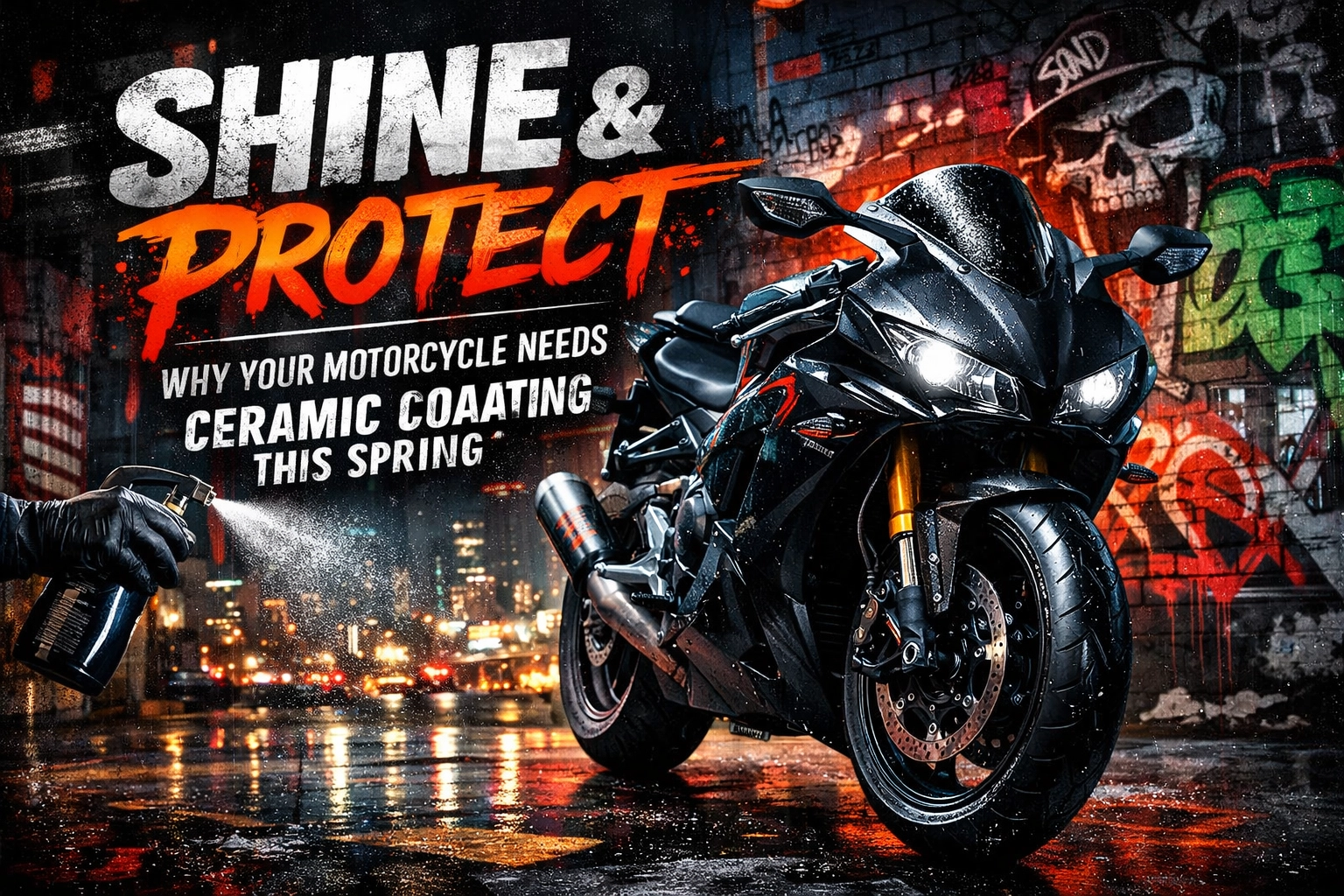 Black sport motorcycle in a rain-soaked urban alley, being sprayed with ceramic coating as a graffiti backdrop highlights the Shine & Protect headline.