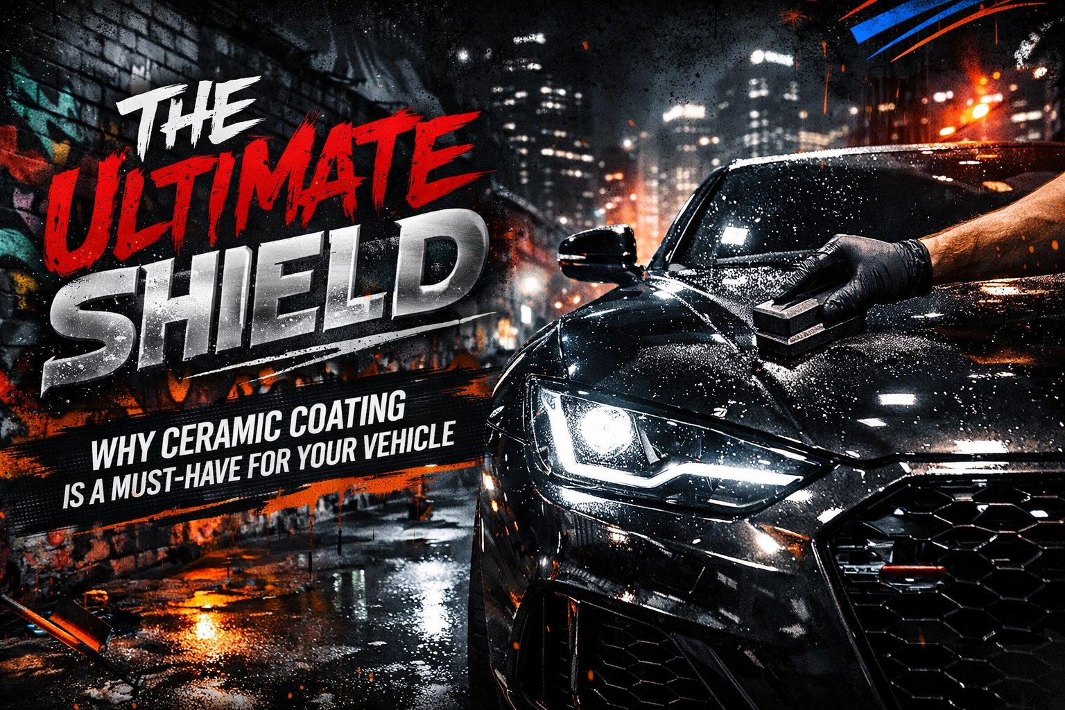 Black car being coated in a gritty city scene, gloved hand applying ceramic coating as bold 'The Ultimate Shield' text looms over the image.