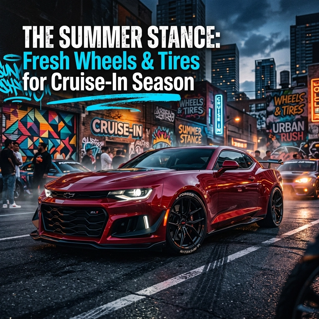 Promotional image of a red sports car parked on a city street at a cruise-in, with the headline: "THE SUMMER STANCE: Fresh Wheels & Tires for Cruise-In Season" visible at the top.