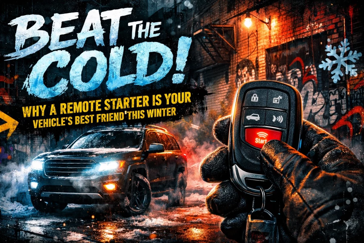Hand holding a car key fob with a glowing Start button in the foreground; a snow-covered SUV in a graffiti-lined alley behind.