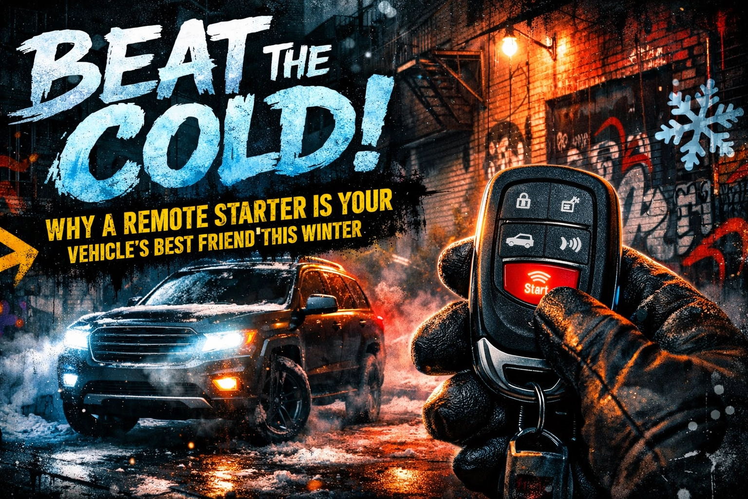 Hand holding a car key fob with a glowing Start button in the foreground; a snow-covered SUV in a graffiti-lined alley behind.