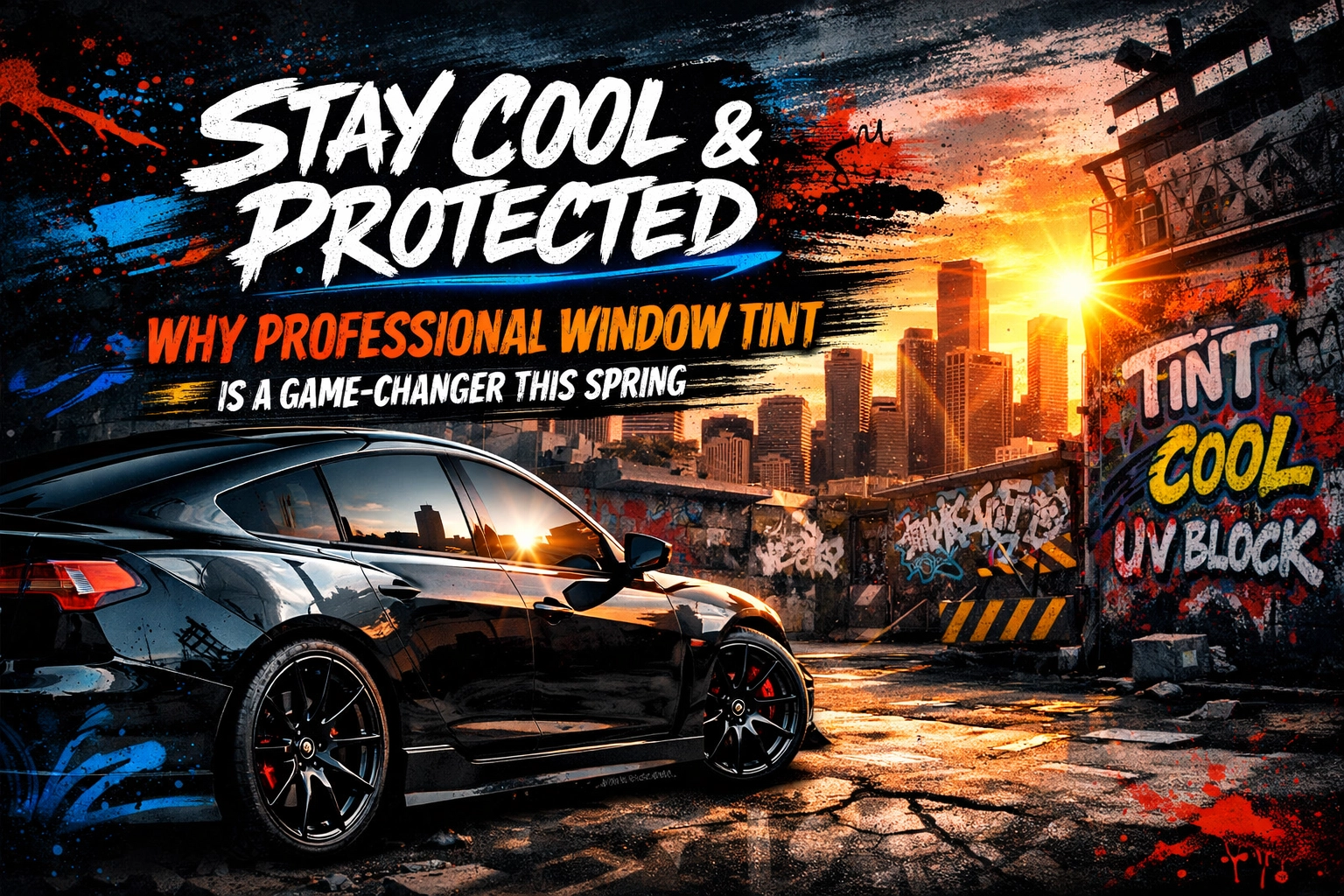 Bold graffiti ad with a black sports car in a graffiti-filled lot at sunset, promoting window tint: “Stay Cool & Protected.”