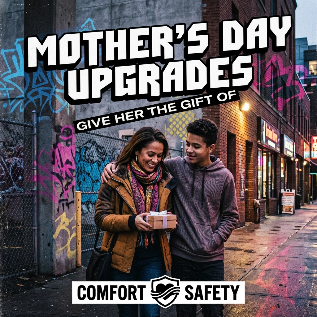 Couple walking on a graffiti-filled city street; the woman holds a small wrapped gift while the man wraps an arm around her, with bold text 'Mother's Day Upgrades' overhead and a 'Comfort Safety' logo at the bottom.