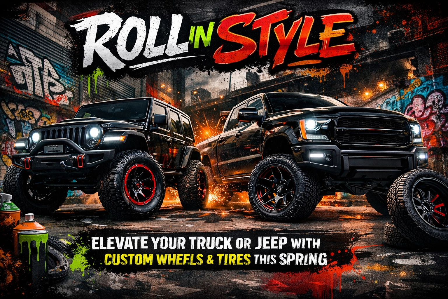 Two rugged black trucks in a graffiti-filled alley with sparks flying, advertising custom wheels and tires for spring.