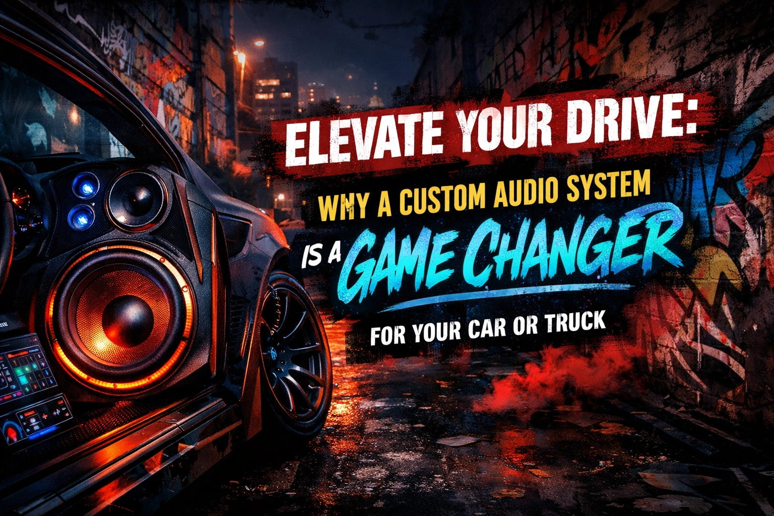 Left-side car interior with glowing speakers beside a graffiti-covered wall, advertising a custom car audio system in bold text.