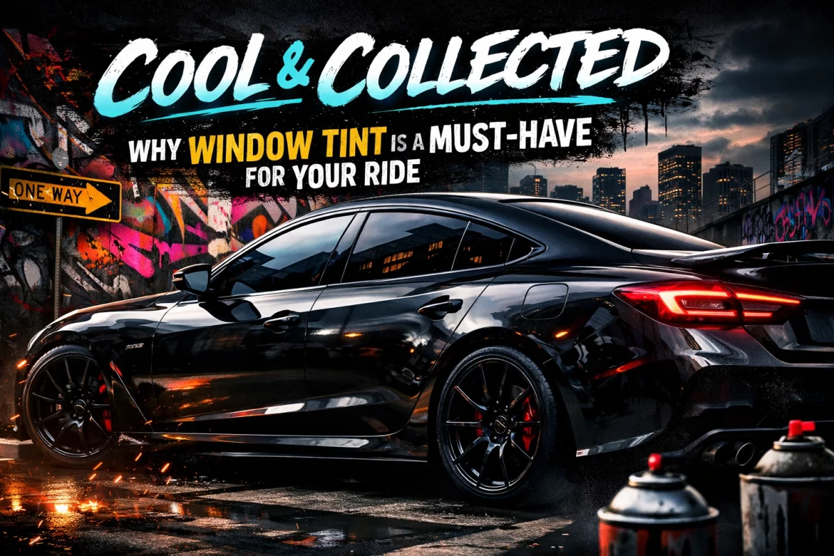 Promotional banner for car window tint featuring a sleek black sports car in a graffiti-filled city alley.