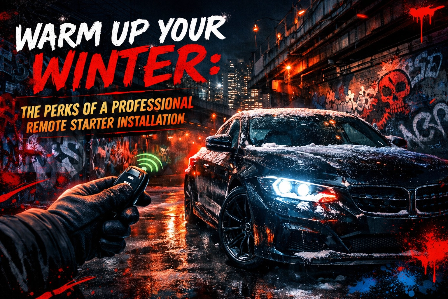 Black car with snow in a graffiti-covered alley; a gloved hand holds a remote near the car, promoting winter remote starter installation.