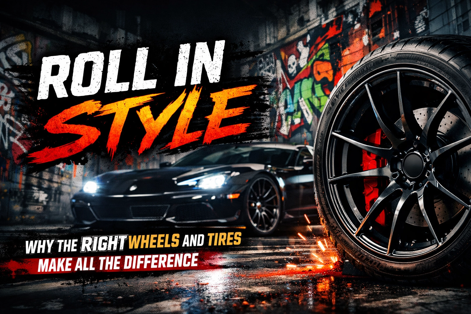 Sports car in an urban graffiti setting with a large close-up wheel and bold 'Roll in Style' slogan.