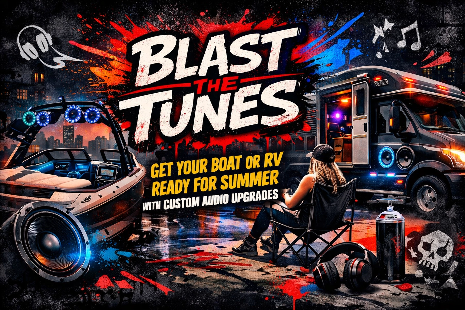Promotional graphic for car/boat audio upgrades: bold 'BLAST THE TUNES' with speakers, an RV, and a person relaxing in a chair amid colorful splashes./Get your boat or RV ready for summer with custom audio upgrades.