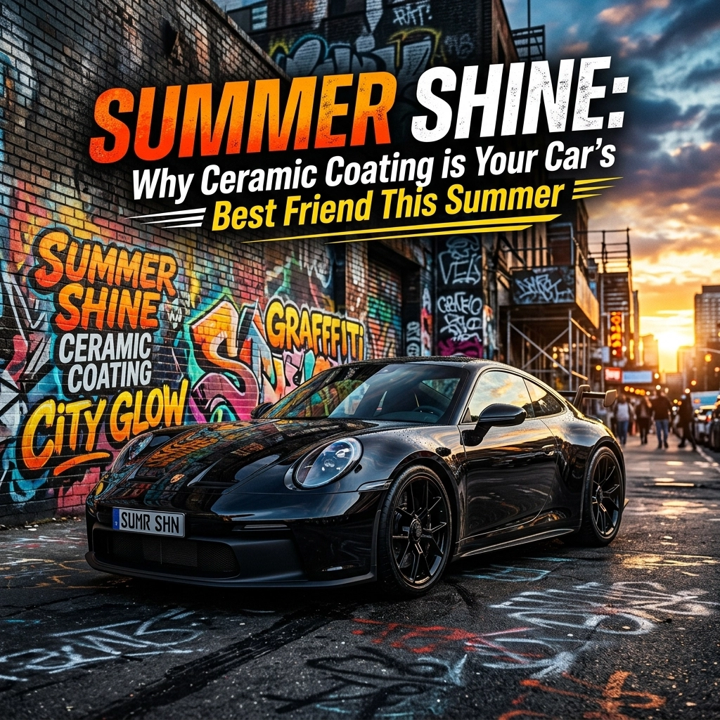 Black sports car parked on a graffiti-covered street with a bold ad banner reading 'SUMMER SHINE: Why Ceramic Coating is Your Car's Best Friend This Summer'.