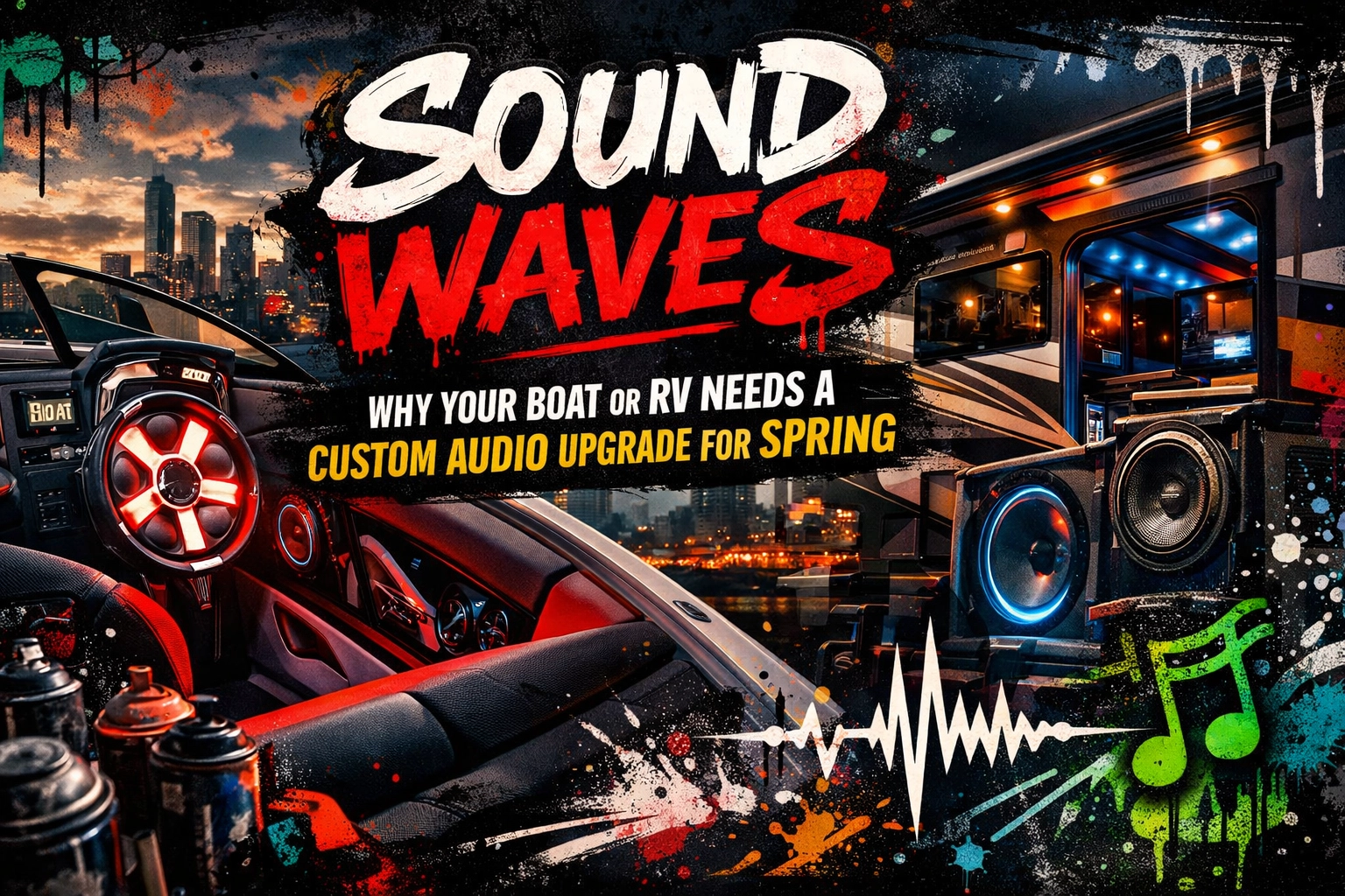 Promotional banner titled 'Sound Waves' showing a car interior with a red-neon speaker, a large RV stereo, spray-paint graphics, and city skyline in the background.