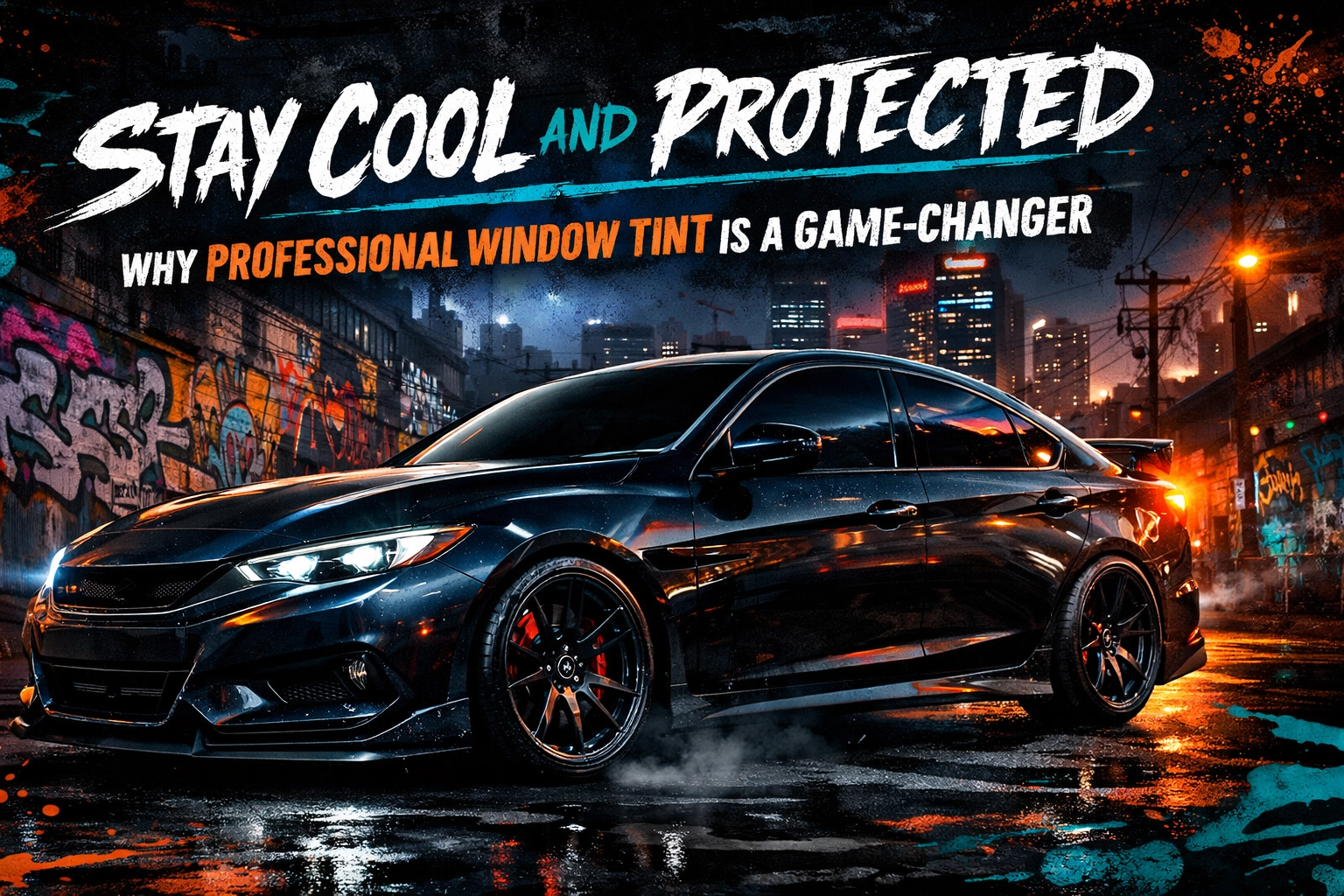 Advertising banner over a black sedan with tinted windows in a graffiti-filled urban alley, promoting professional window tint.