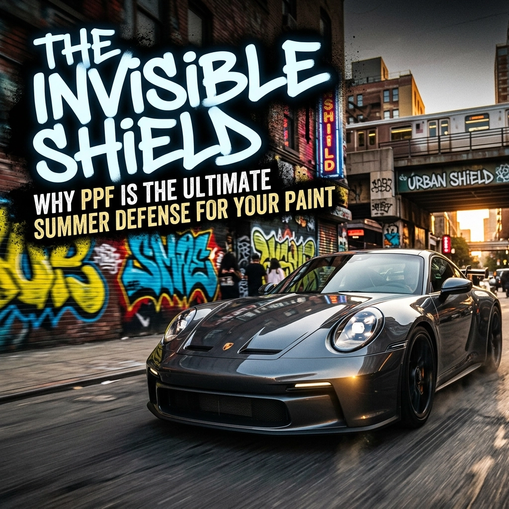 Gray Porsche cruises a graffiti-covered city street as a bold ad reads 'The Invisible Shield' and 'Why PPF is the ultimate summer defense for your paint'.