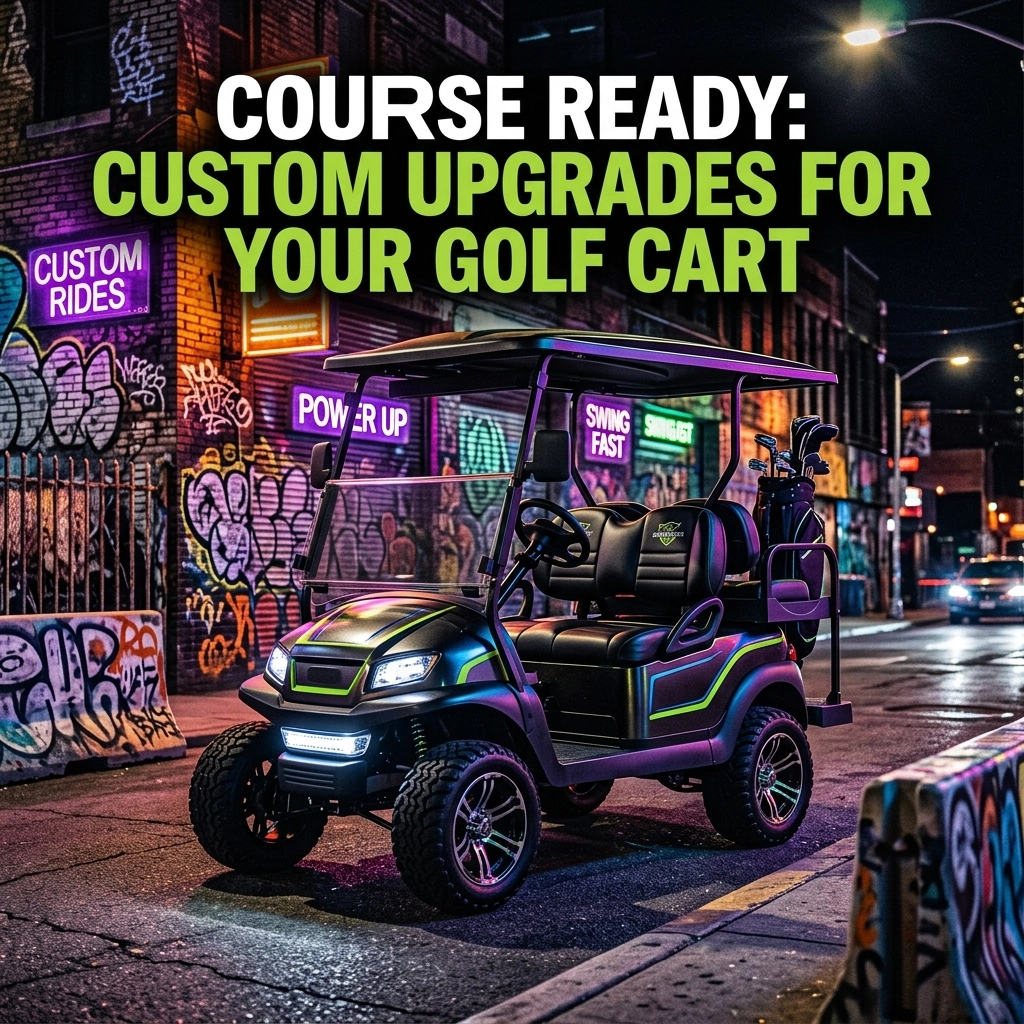 Colorful golf cart on a neon-lit urban street at night, advertising custom upgrades for golf carts.