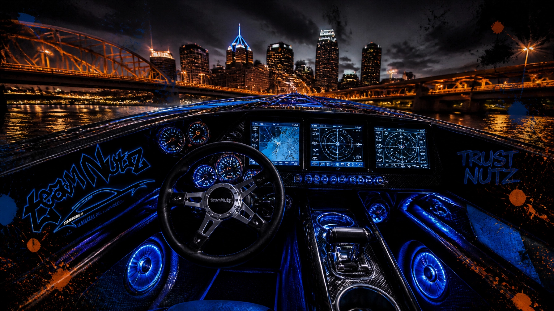 Nighttime view from a high-tech speedboat cockpit with blue-lit gauges and a city skyline in the distance.