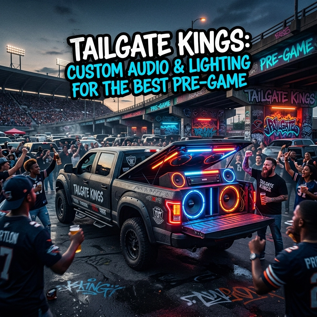Tailgate Kings promo: a customized pickup with neon blue/red audio lighting, surrounded by cheering fans before a game.
