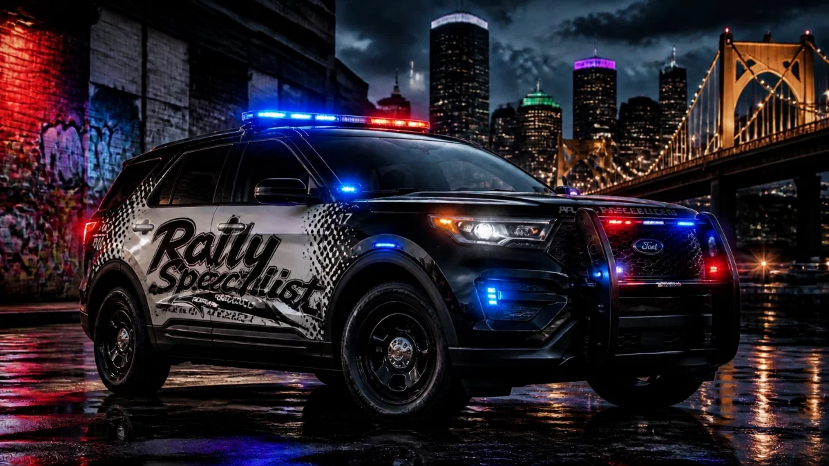 Police SUV with blue and red emergency lights on, city skyline and bridge at night in the background, reflective wet street.