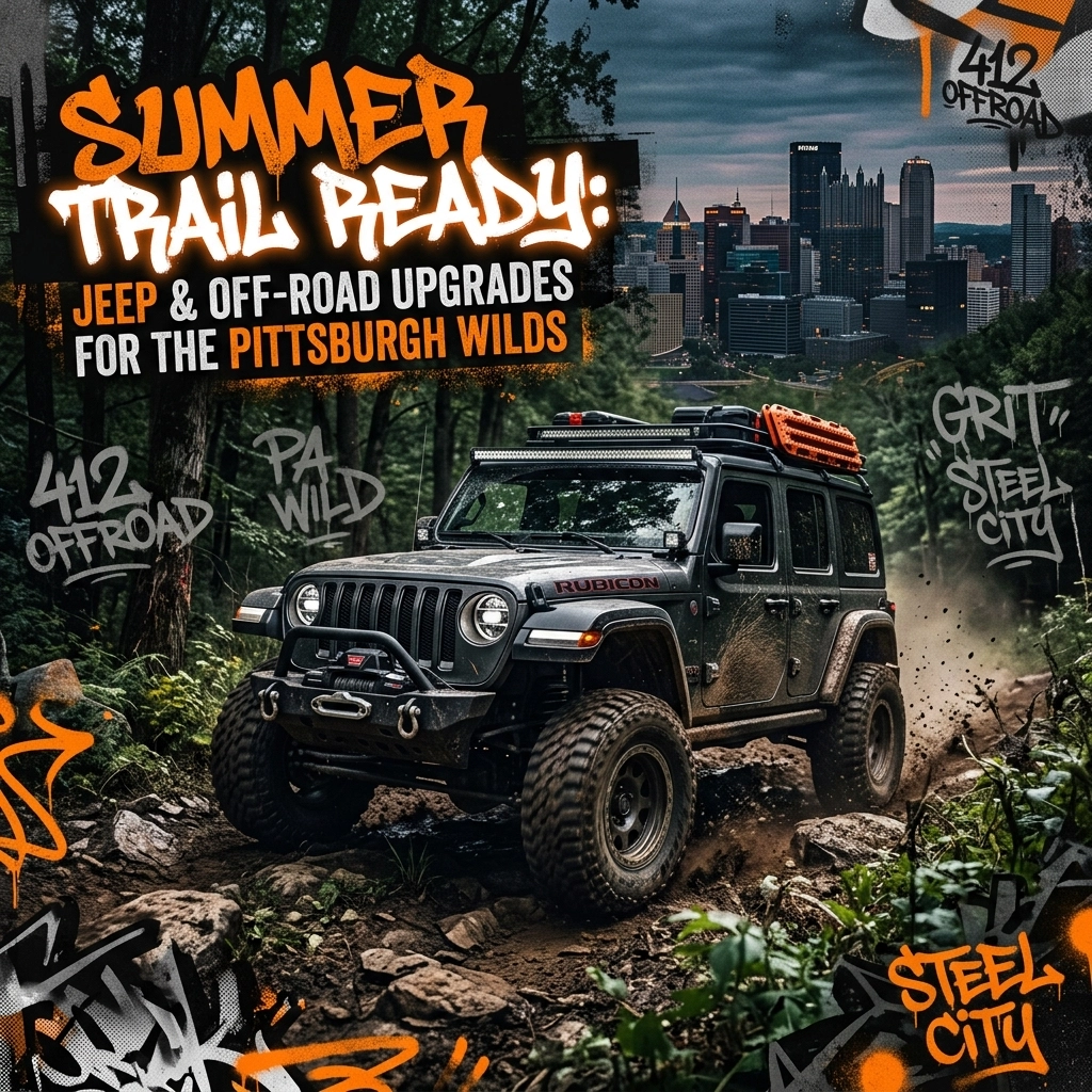 Jeep Wrangler Rubicon traversing a rocky trail with graffiti and a city skyline in the background, promoting off-road upgrades for Pittsburgh wilds (Summer Trail Ready).
