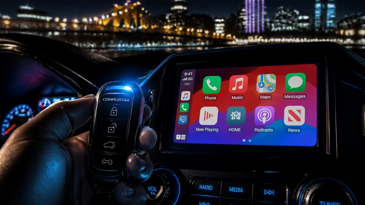 Close-up of a hand holding a car key fob next to a car infotainment screen showing Apple CarPlay with city lights in the background at night.