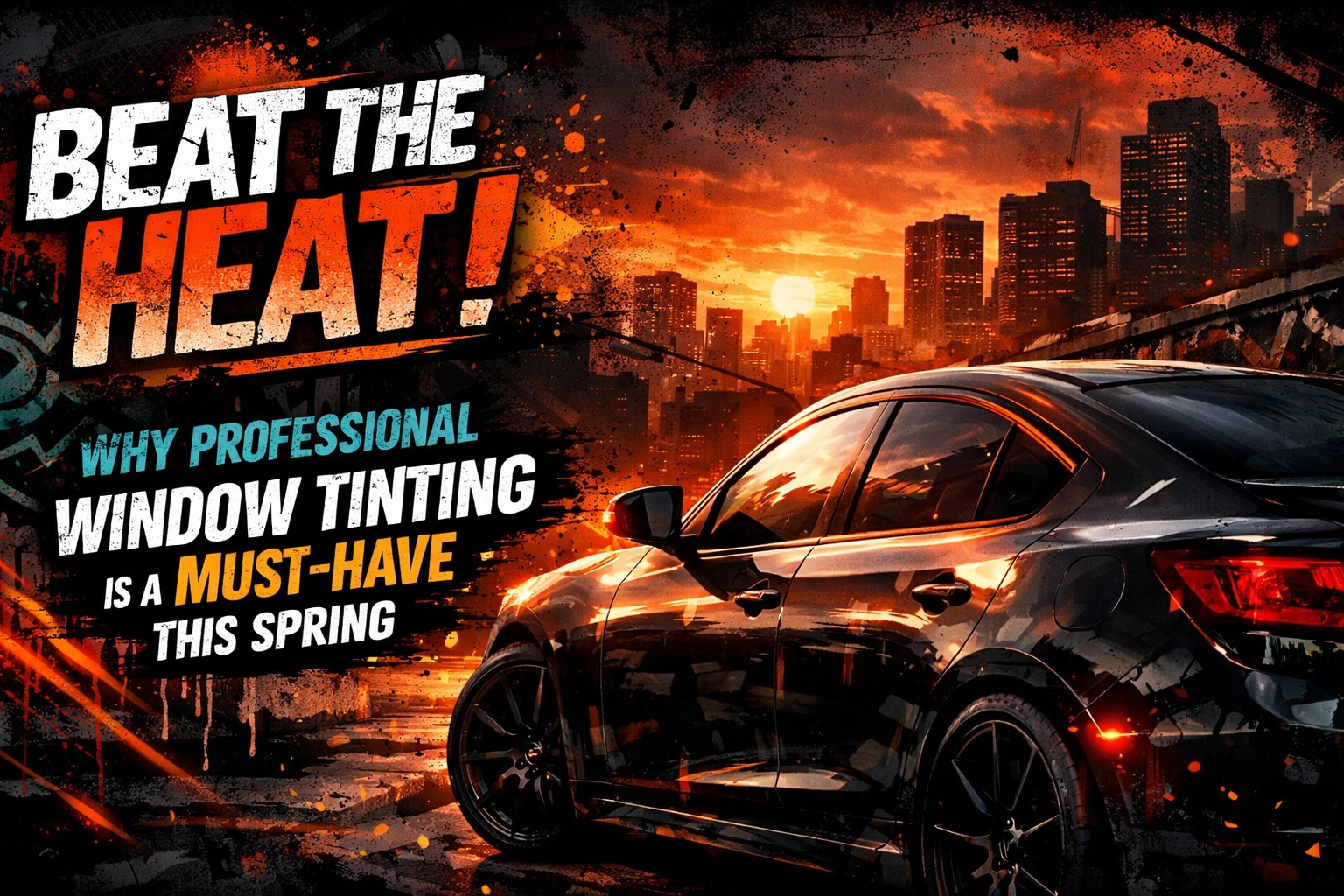 Bold ad banner featuring a sleek car against a fiery sunset cityscape with the headline 'Beat the Heat' and text promoting professional window tinting this spring.