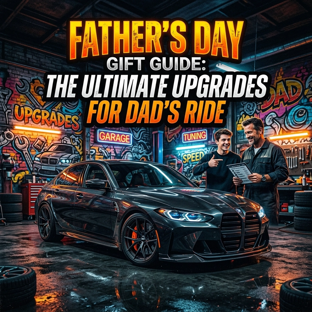 Sleek dark sedan in a neon-lit auto shop as two men review a guide for upgrading Dad's ride for Father’s Day (promo banner above).
