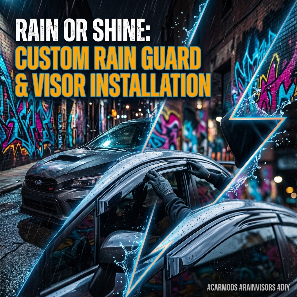 Promo: 'Rain or Shine: Custom Rain Guard & Visor Installation'; technician installing a car visor in a graffiti alley.