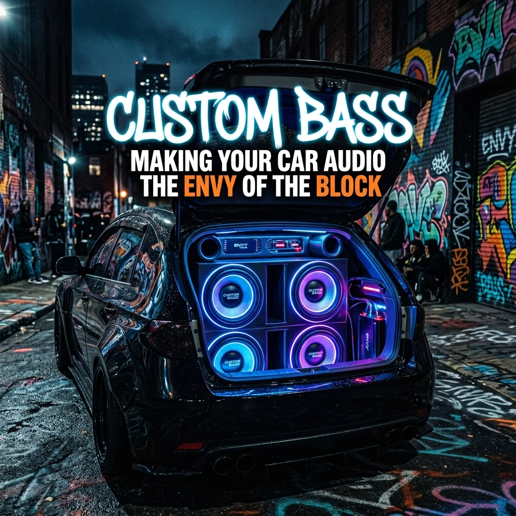 Car with its trunk open showing neon blue subwoofers in a graffiti alley; bold ad text above reads 'CUSTOM BASS' and 'MAKING YOUR CAR AUDIO THE ENVY OF THE BLOCK'.