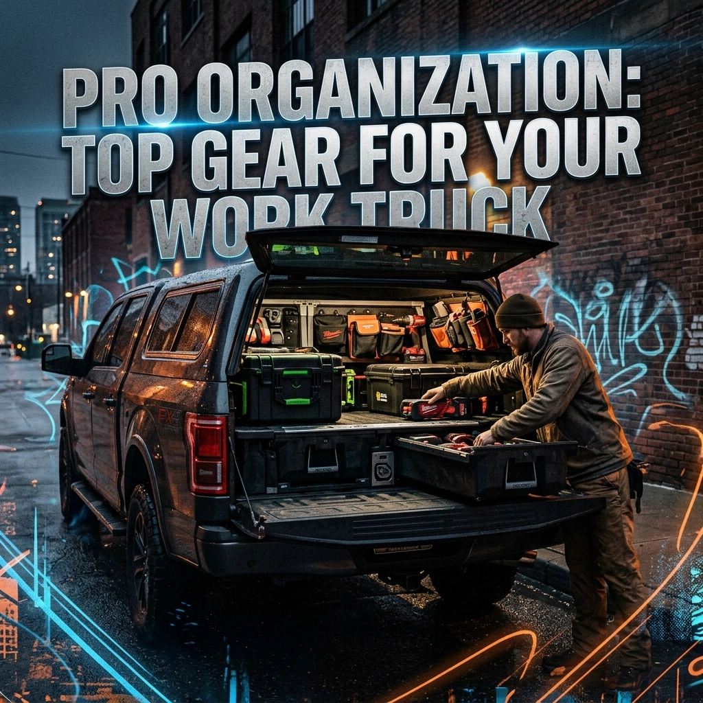 Tradesperson sorting tools in the open tailgate of a work truck, with organized tool boxes and gear inside amid graffiti-covered walls