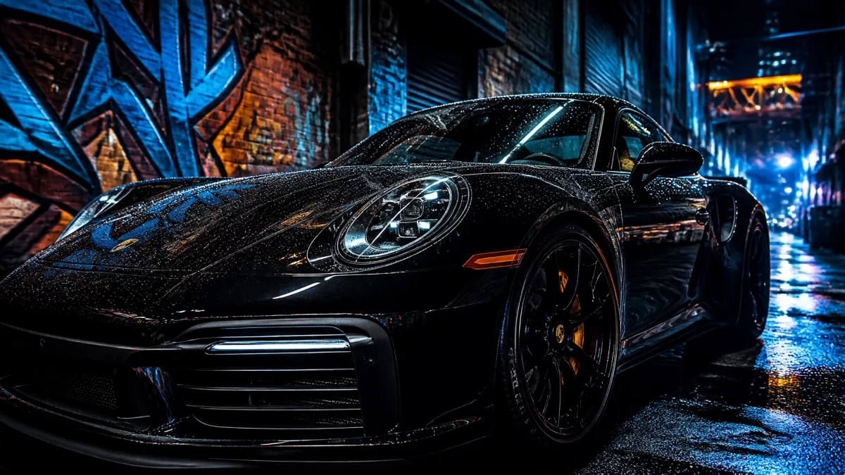 Black Porsche sports car parked in a neon-lit alley with graffiti walls after rain clarity on the glossy hood and wet street reflections.
