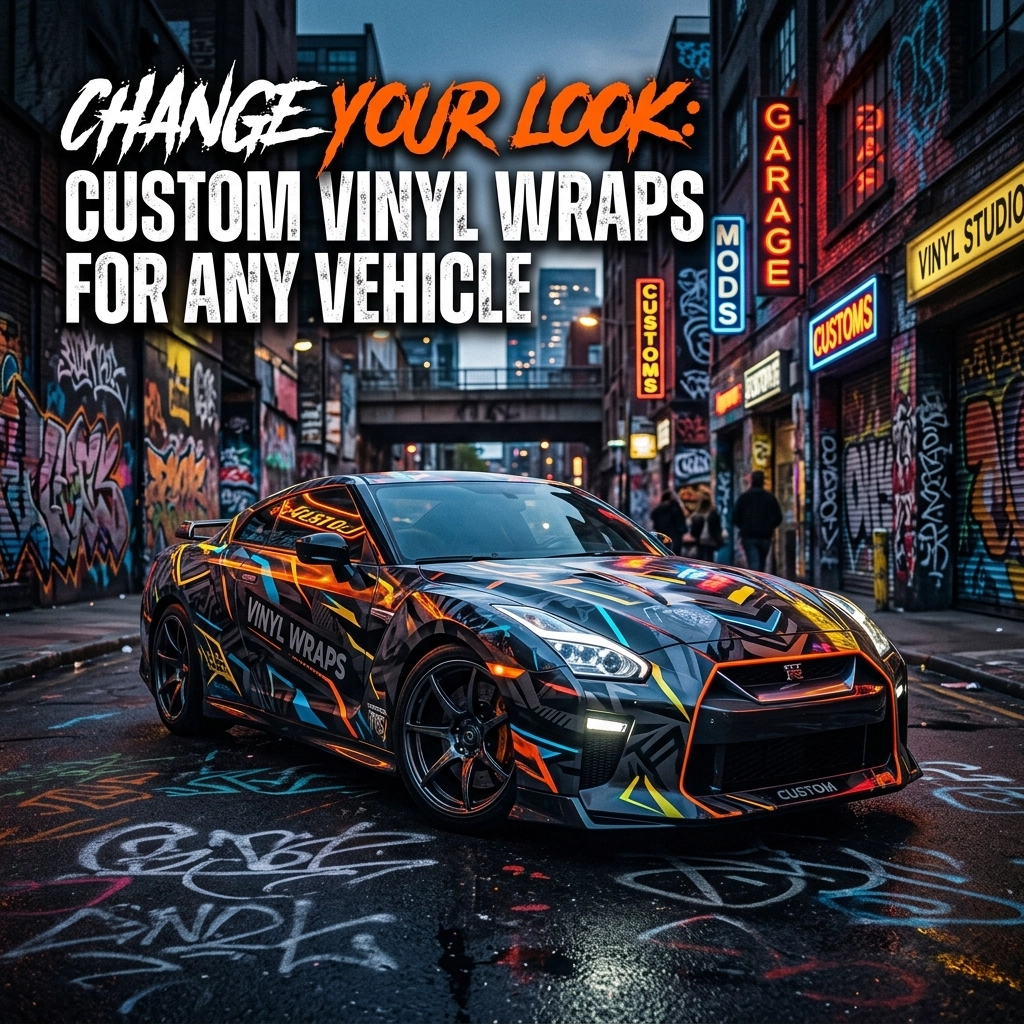 Promotional image of a multicolor vinyl-wrapped sports car in a graffiti alley; banner reads 'Change Your Look: Custom Vinyl Wraps for Any Vehicle'.