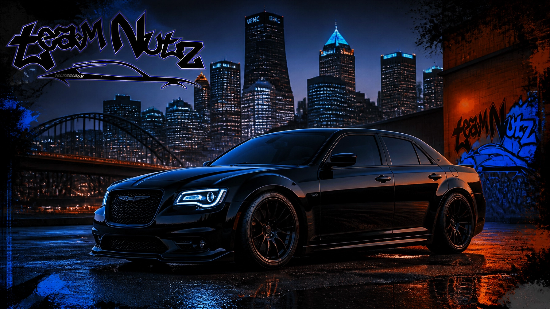 Black luxury sedan parked in a nighttime urban alley with graffiti on the wall and a blue-lit city skyline in the background.
