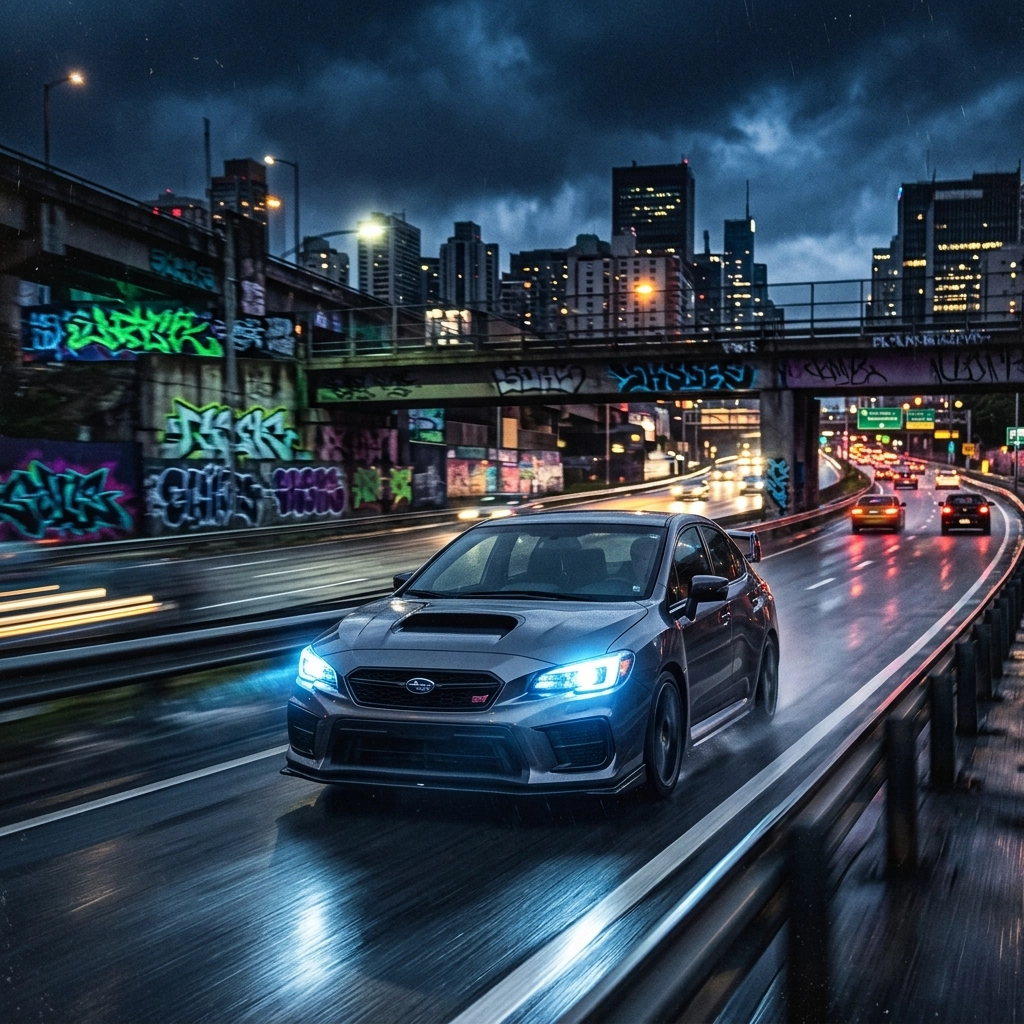 Blue sports sedan (Subaru WRX STI) drives on a wet city highway at night, graffiti-covered walls on the sides and a lit urban skyline ahead.