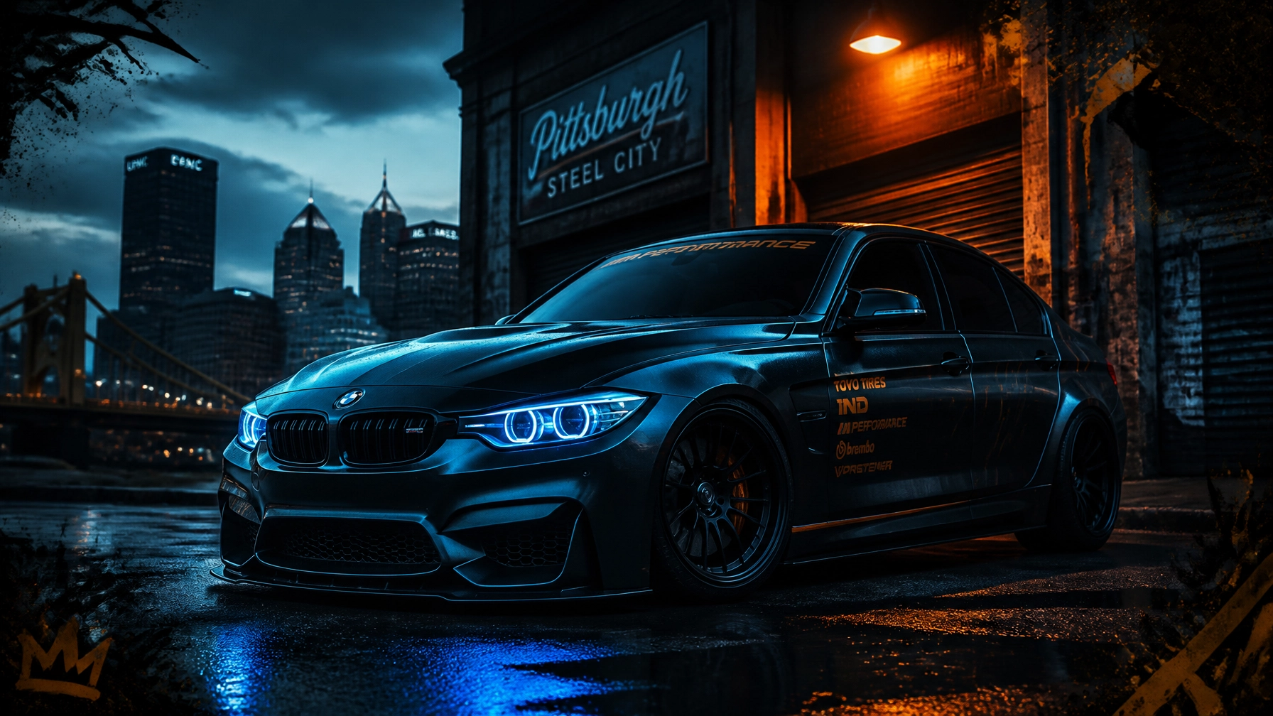 Blue BMW sports car with glowing blue headlights parked on a wet city street at night, beneath a Pittsburgh Steel City sign and orange streetlight.