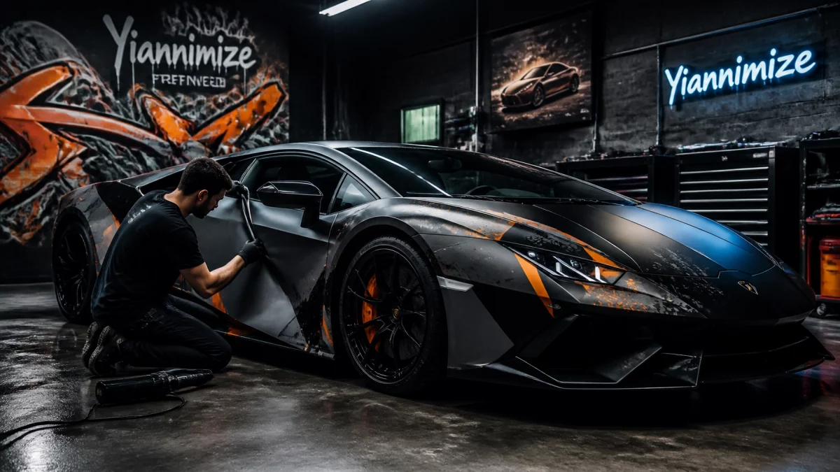 Mechanic kneels beside a matte gray Lamborghini, smoothing a vinyl wrap in a dark workshop with orange graffiti walls.