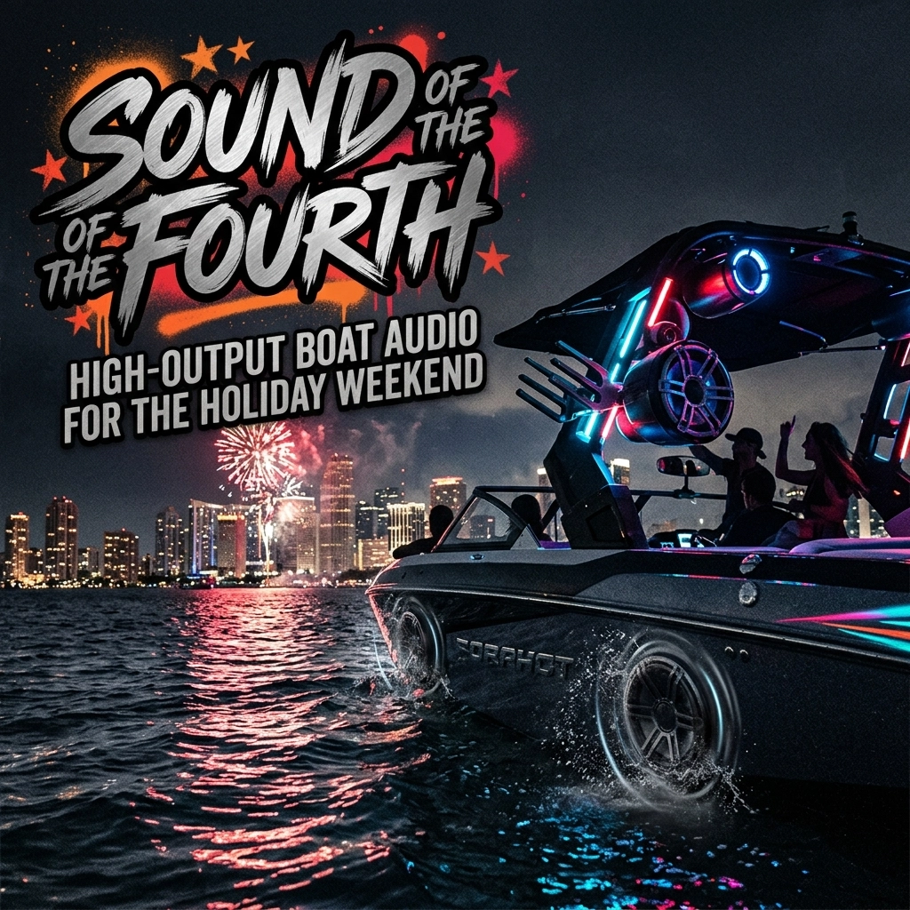 Promotional banner for 'Sound of the Fourth' featuring a neon-lit speedboat on water with a city skyline and fireworks in the background; text promotes high-output boat audio for the holiday weekend.