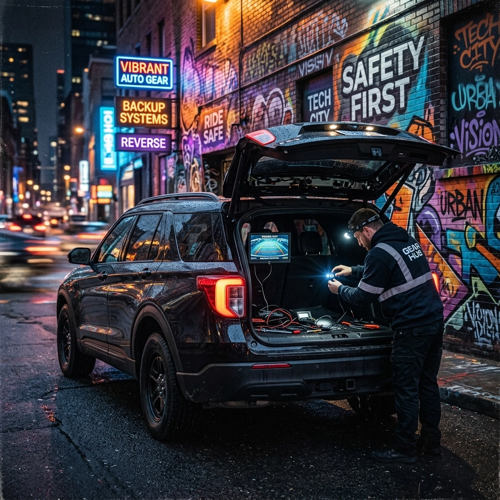 Technician in a safety vest works on the back of an SUV with its hatch open in a neon-lit, graffiti-covered city alley at night.